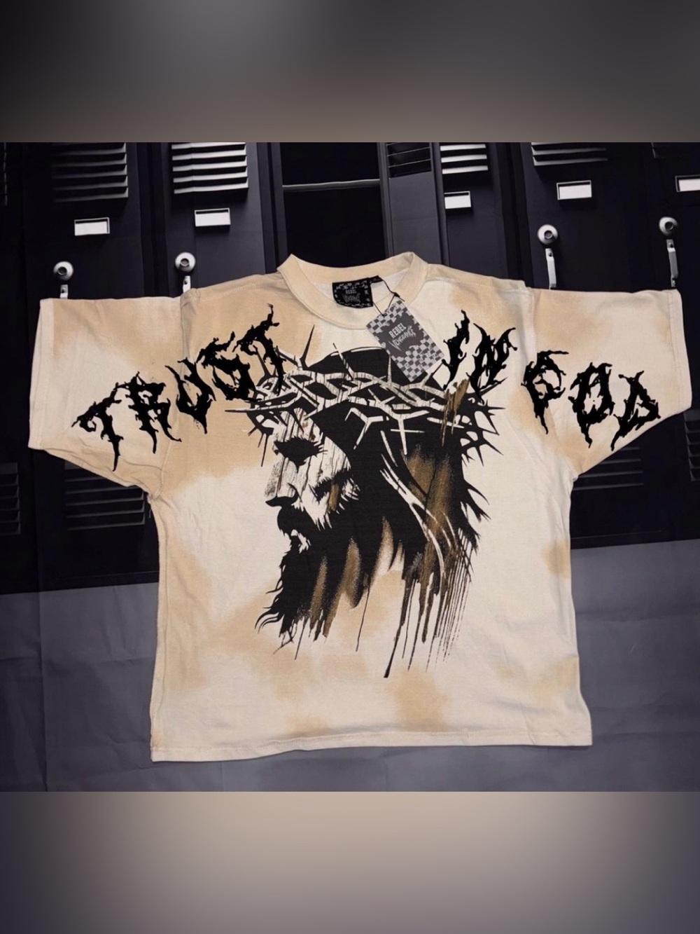 Cream Short-Sleeve Tee with Black Jesus Crown Graphic
